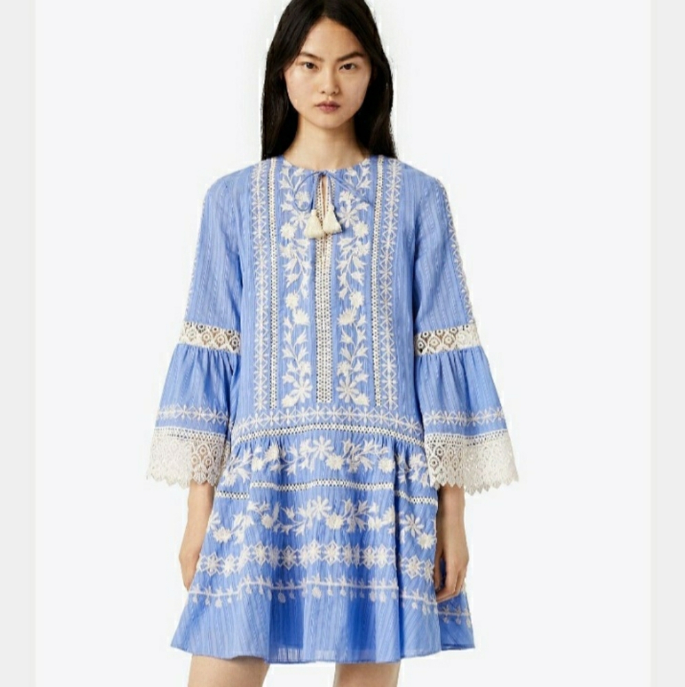 Tory Burch Light Blue and White Embroidered Cotton Tunic Dress